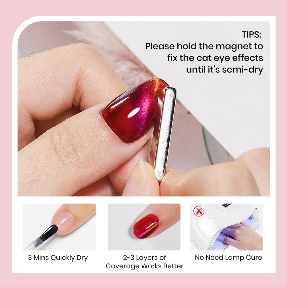 SUPWEE cat eye nail polish application showing two to three coats for best effect.