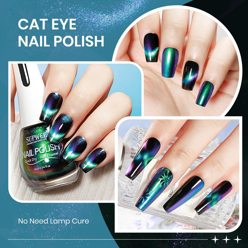 Polish applied on nail showing vivid cat-eye flare