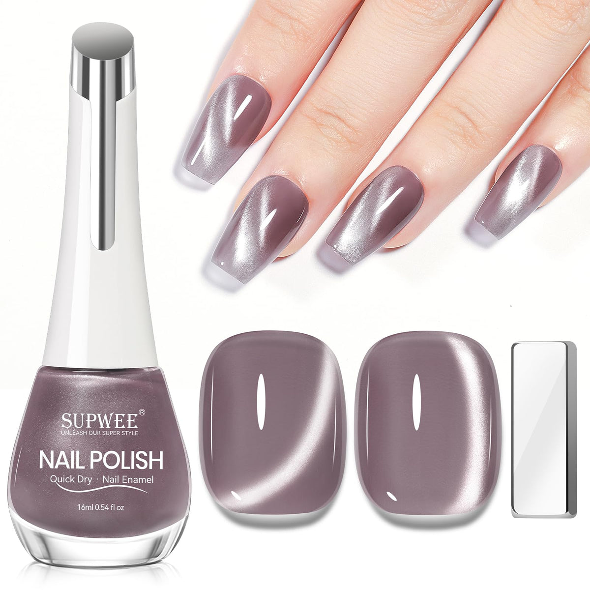 SUPWEE cat-eye nail polish in grayish purple creates a magnetic, eye-catching effect.