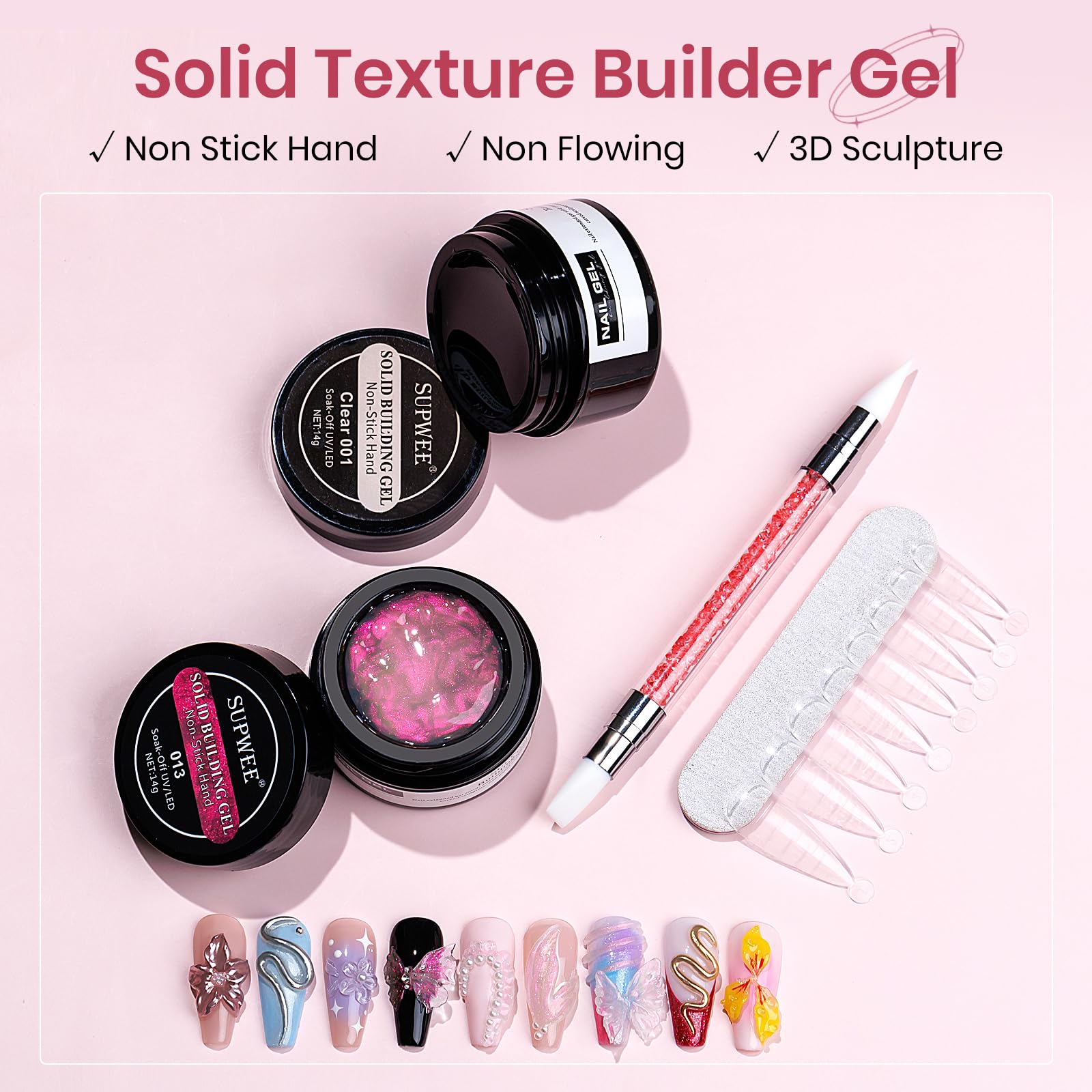 SUPWEE Clear builder gel sample swatch demonstrates a smooth base for extensions.