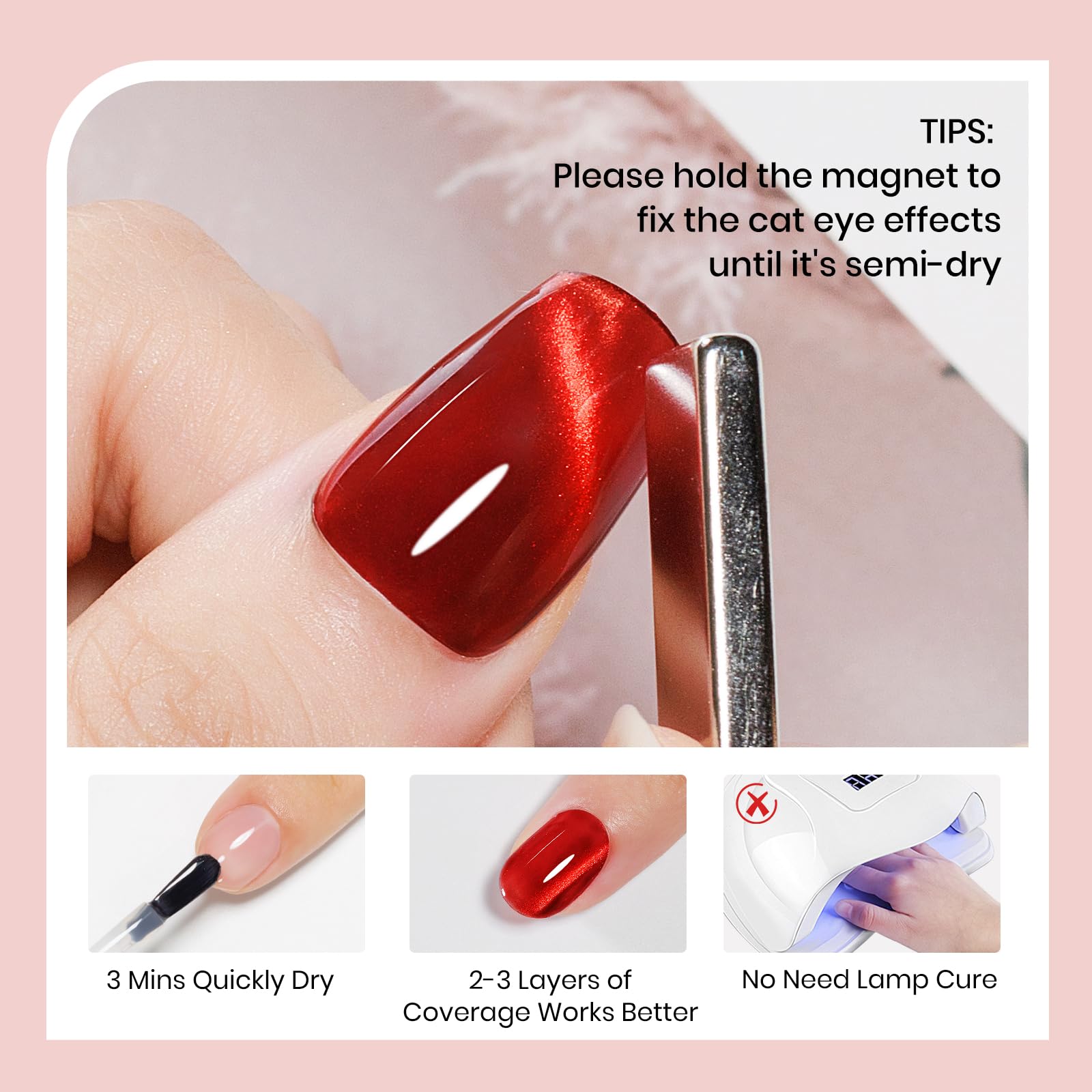 SUPWEE Close-up of red cat-eye swirls on a nail