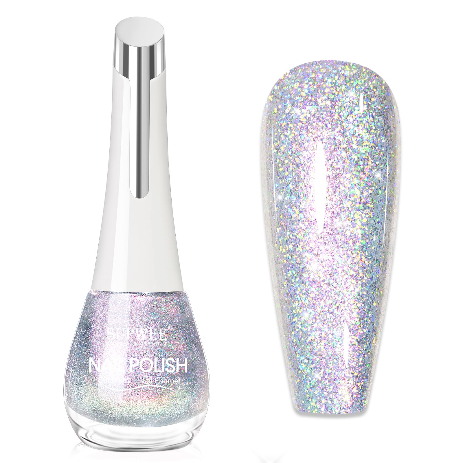 SUPWEE Glitter Holographic Nail Polish bottle glows with iridescent rainbow shimmer, ideal for parties.