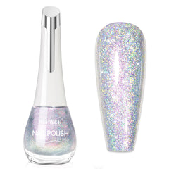 SUPWEE Glitter Holographic Nail Polish bottle glows with iridescent rainbow shimmer, ideal for parties.