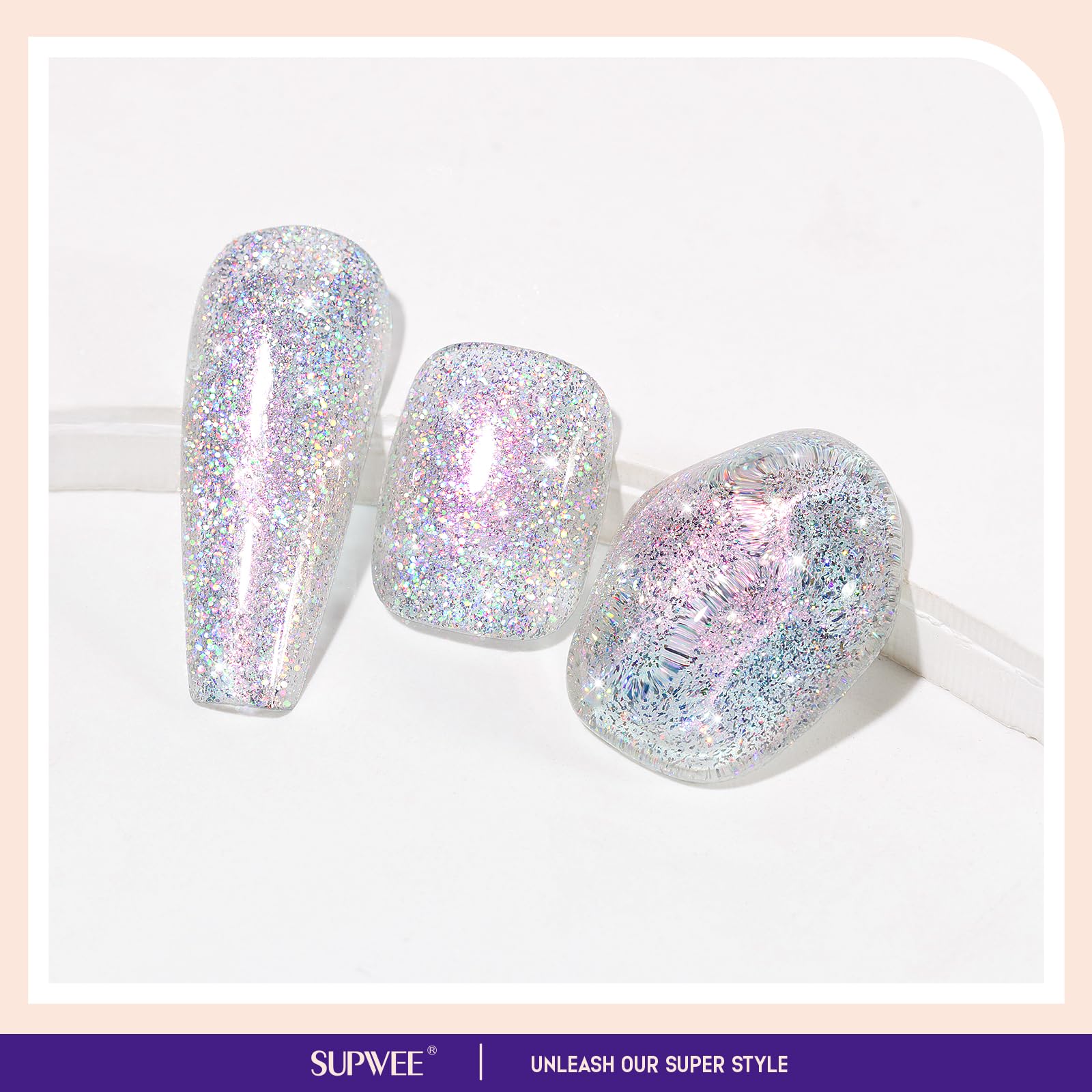 SUPWEE glitter polish brush-on view highlights quick-dry properties and shimmer.