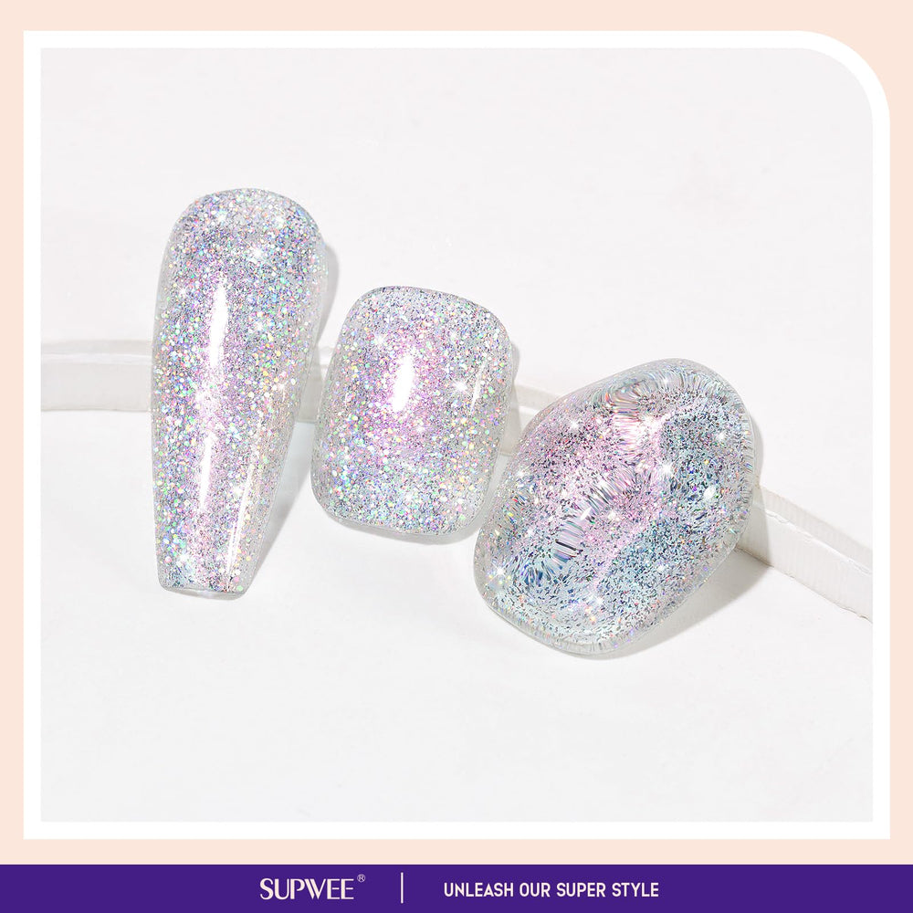 SUPWEE glitter polish brush-on view highlights quick-dry properties and shimmer.