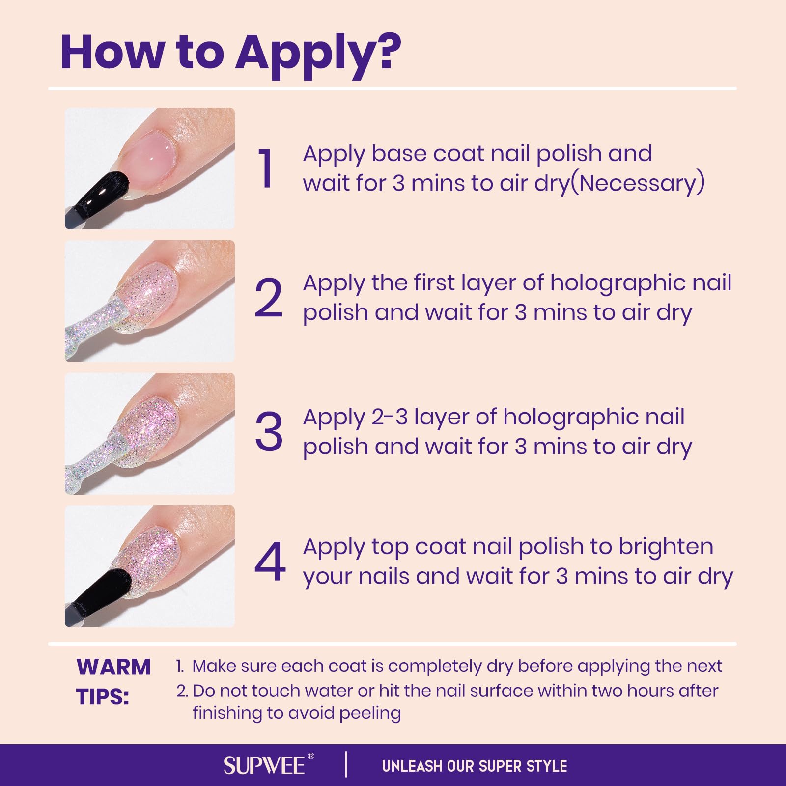 SUPWEE high-gloss finish for a bold look on nails.