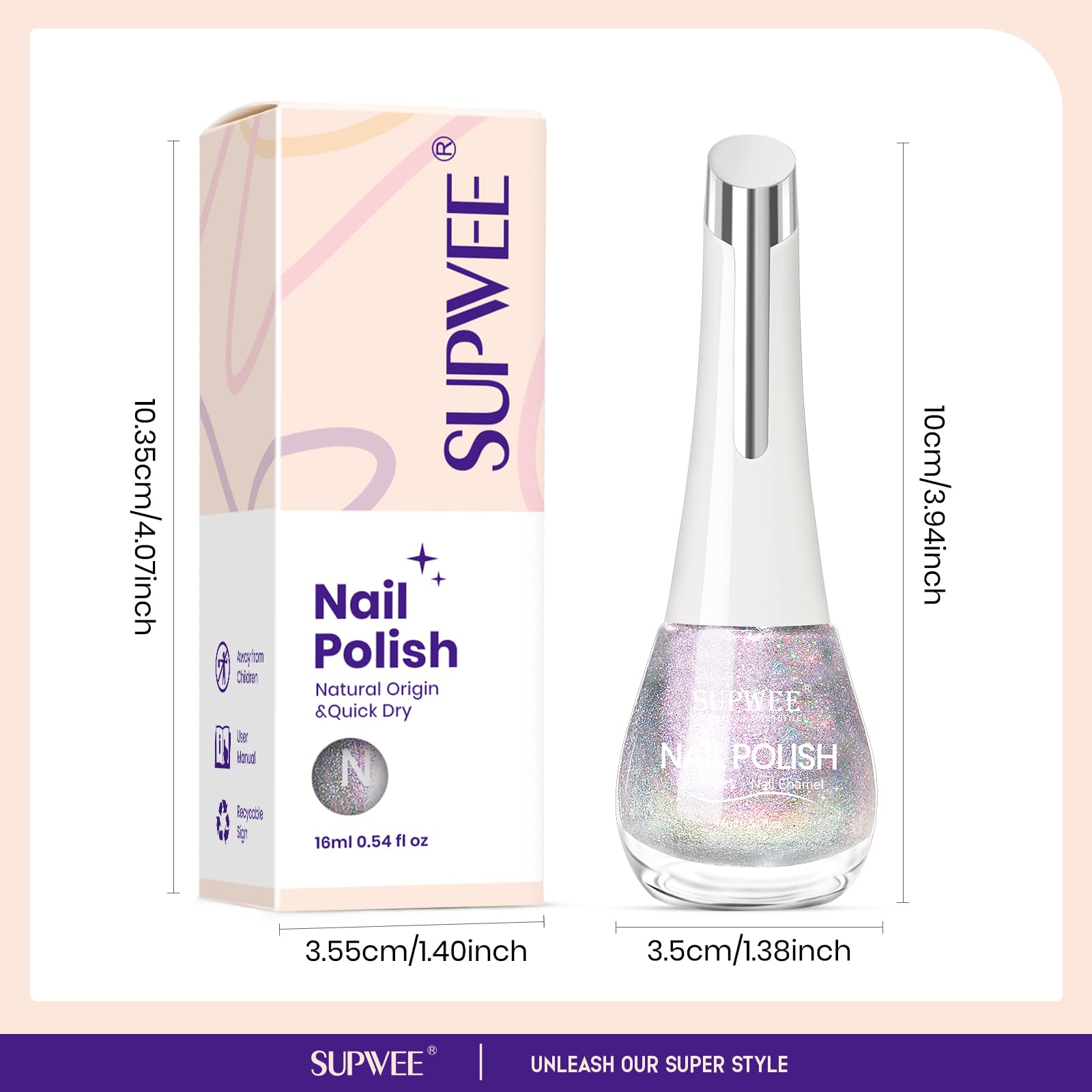 SUPWEE polish reflects light with shimmering multi-color flecks.