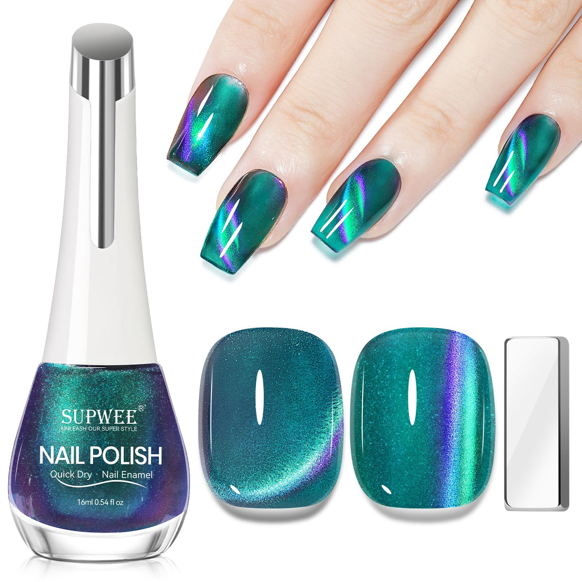 SUPWEE green magnetic cat-eye polish bottle shows vibrant shade with quick-dry potential