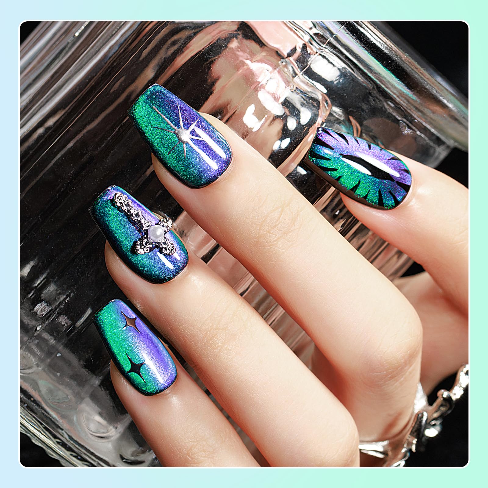 Holographic galaxy shimmer on SUPWEE nails with subtle sparkle.