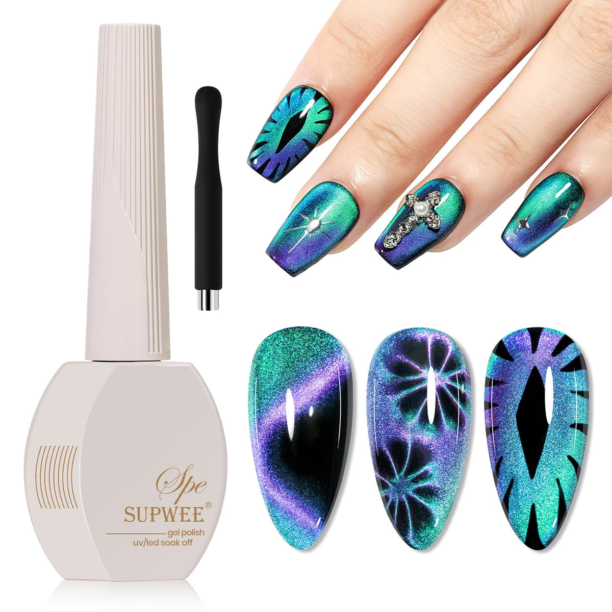 SUPWEE magnetic cat eye gel polish showing 9D dual-light cat-eye effect on nails.