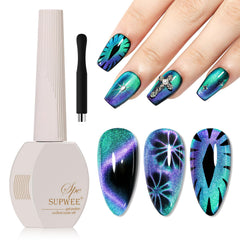 SUPWEE magnetic cat eye gel polish showing 9D dual-light cat-eye effect on nails.