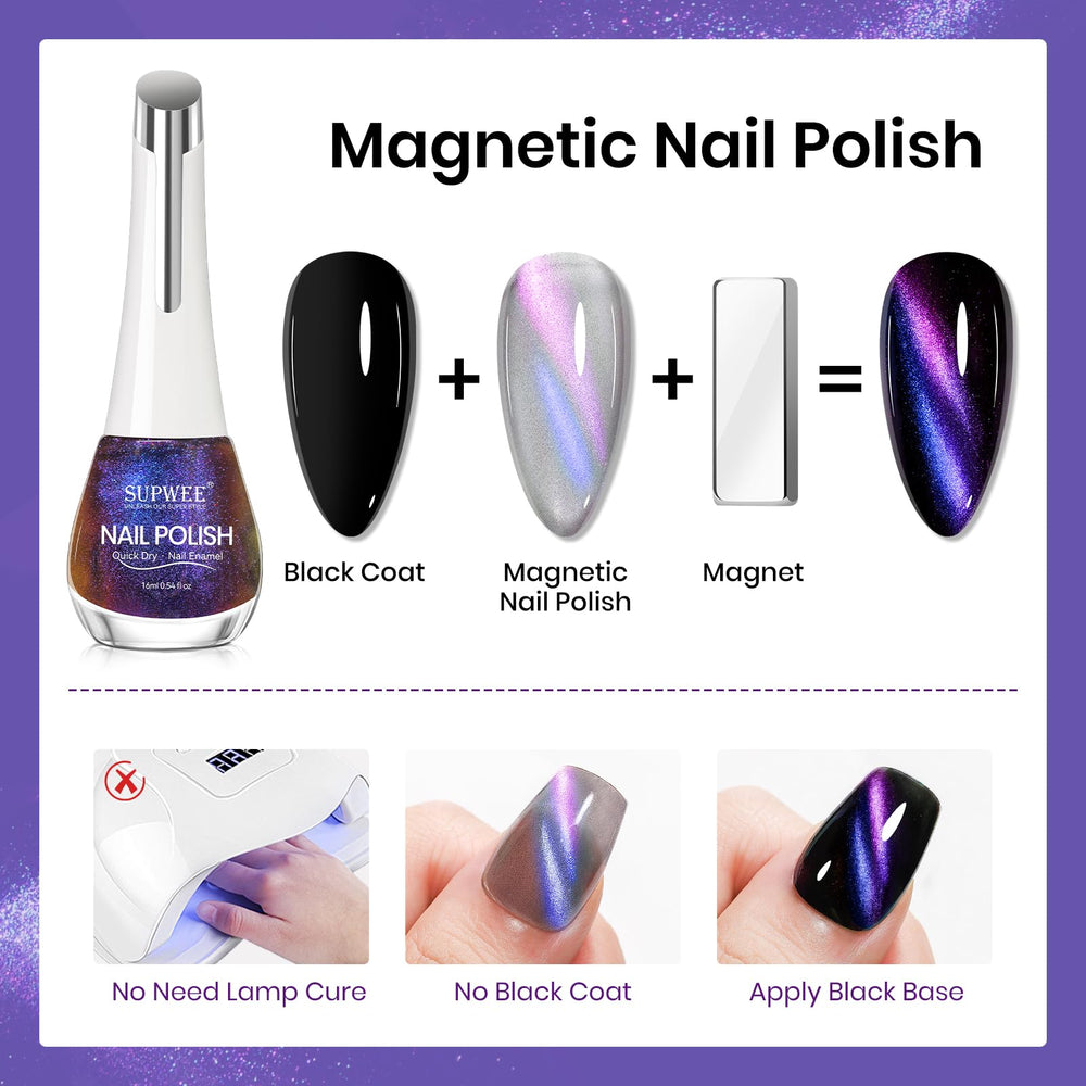 SUPWEE magnetic stick demonstrates easy, precise cat-eye patterning for a salon-like result.
