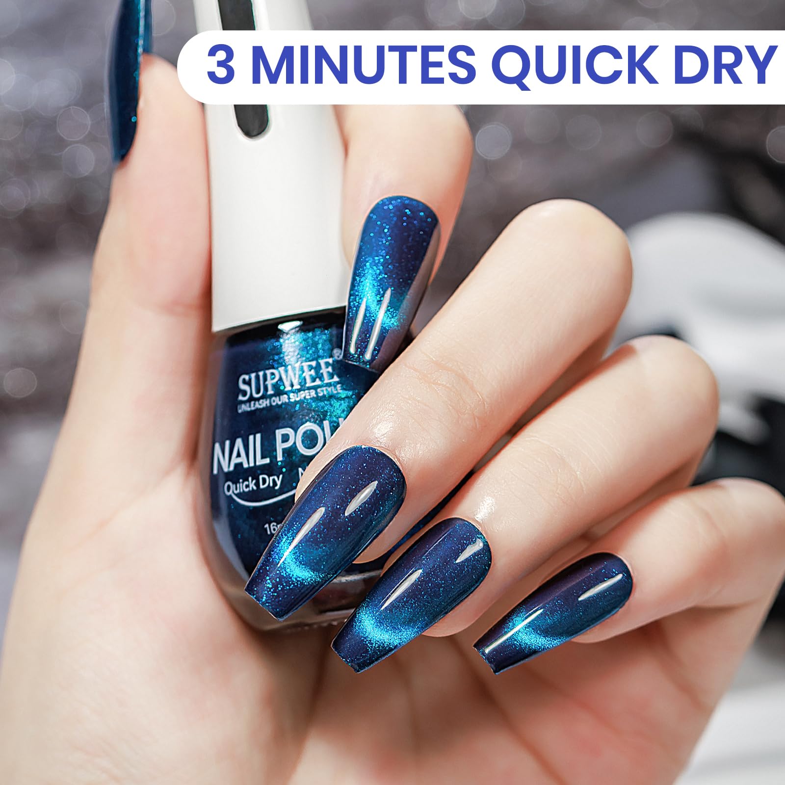 SUPWEE Air-dry formula dries quickly for on-the-go manicures.