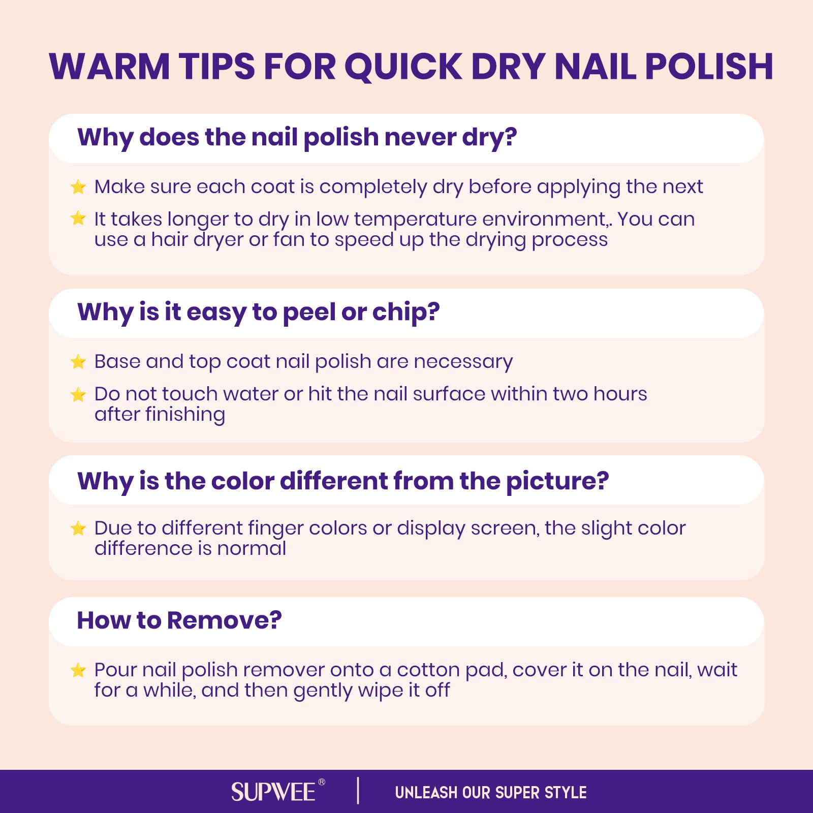 SUPWEE Nude Quick Dry brush-stroke demonstrates even coverage with 1–2 coats.