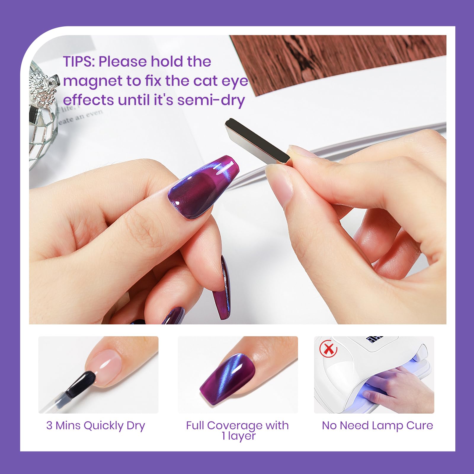 SUPWEE purple cat-eye nail art swatch highlights bold purple shade on nails