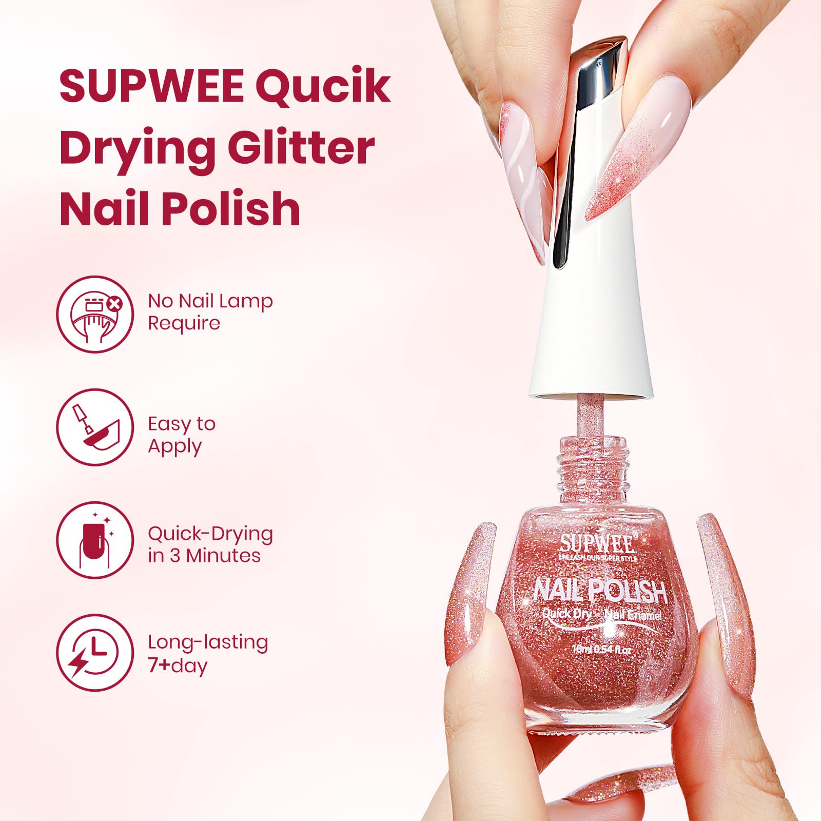 SUPWEE bottle with brush showing smooth application for flawless manicure.