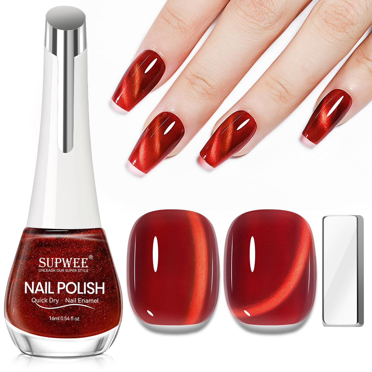 SUPWEE Red Cat Eye Nail Polish bottle showing a quick-dry glossy finish