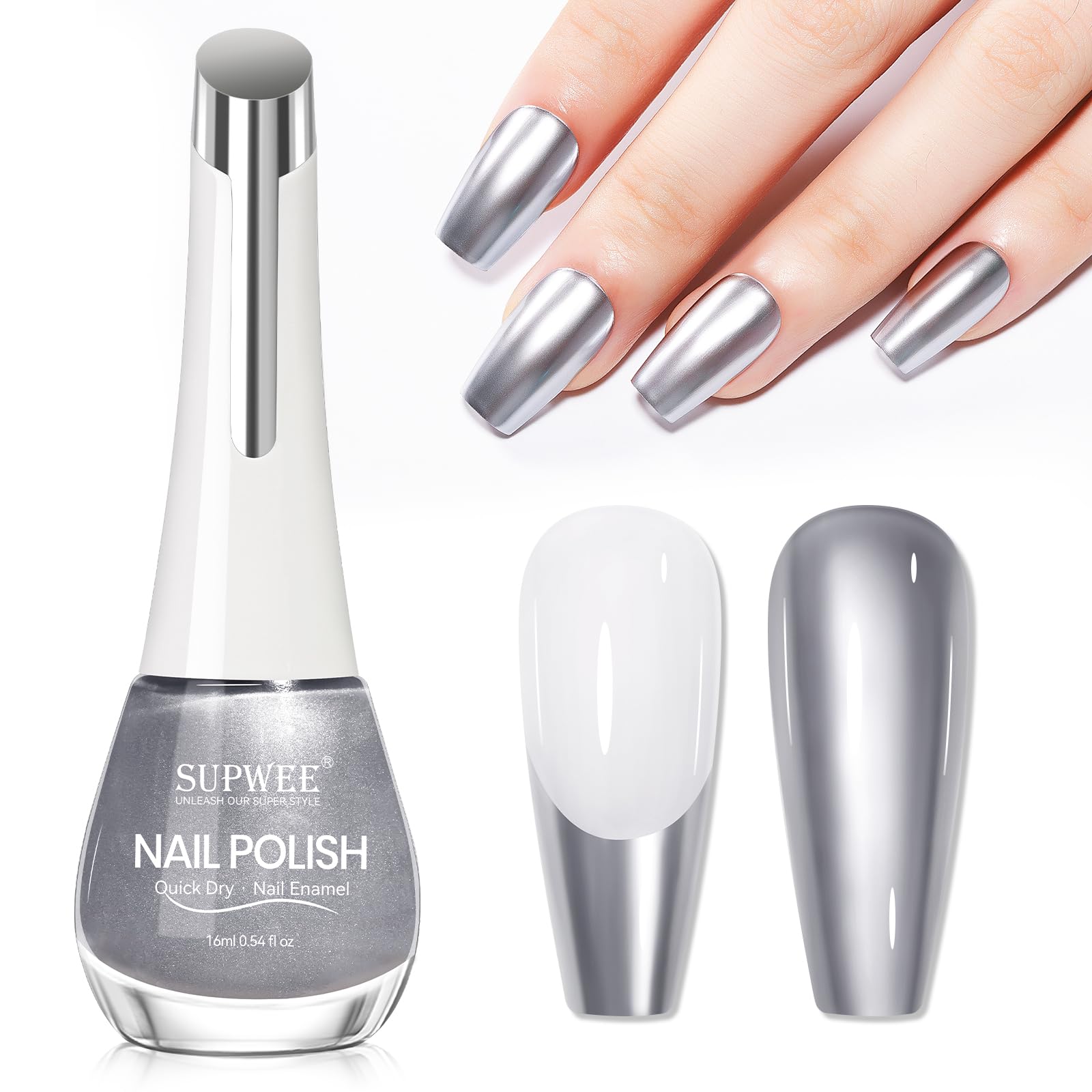 SUPWEE Silver Mirror Nail Polish bottle shows a high gloss metallic finish for special occasions.