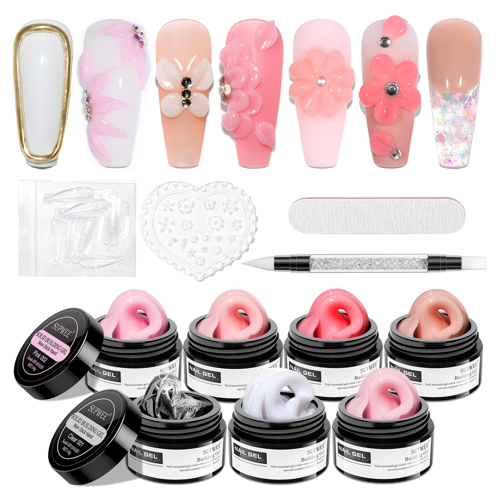 SUPWEE solid builder gel kit contents for at-home manicures and nail extensions.