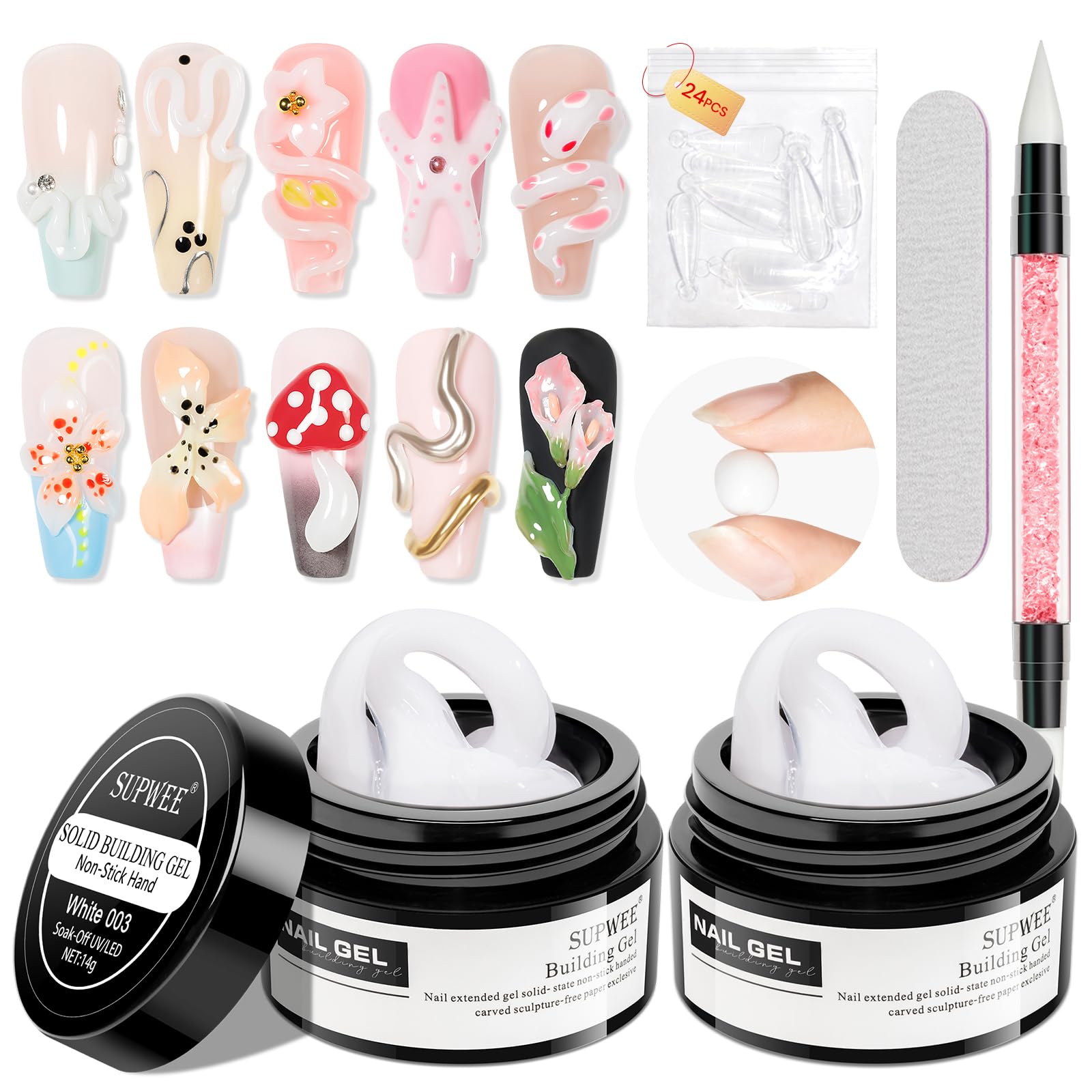 SUPWEE White 3D Molding Gel kit with components for at-home nail extensions.
