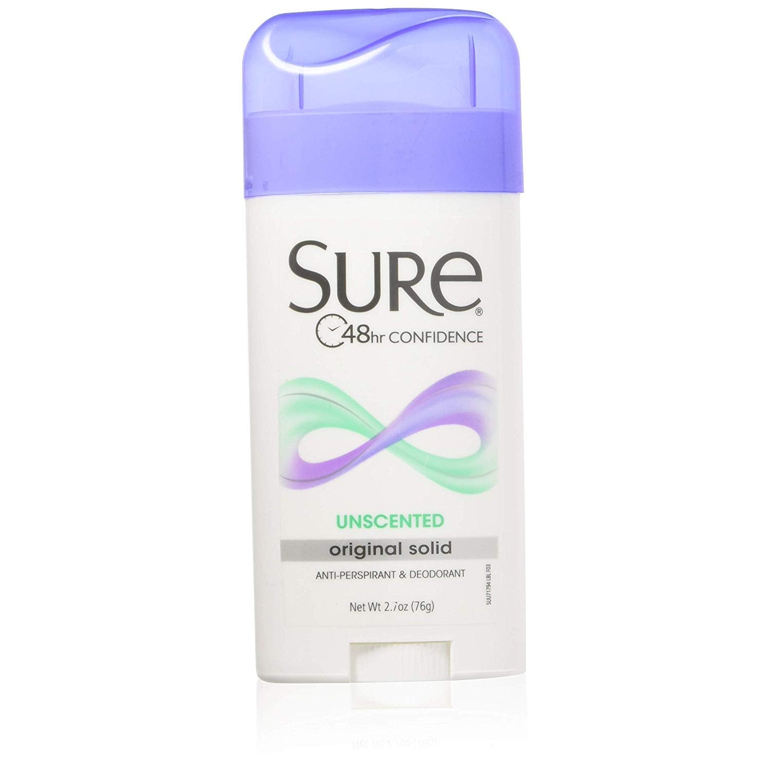Sure Original Solid Unscented deodorant pack for all-day odor and wetness protection.