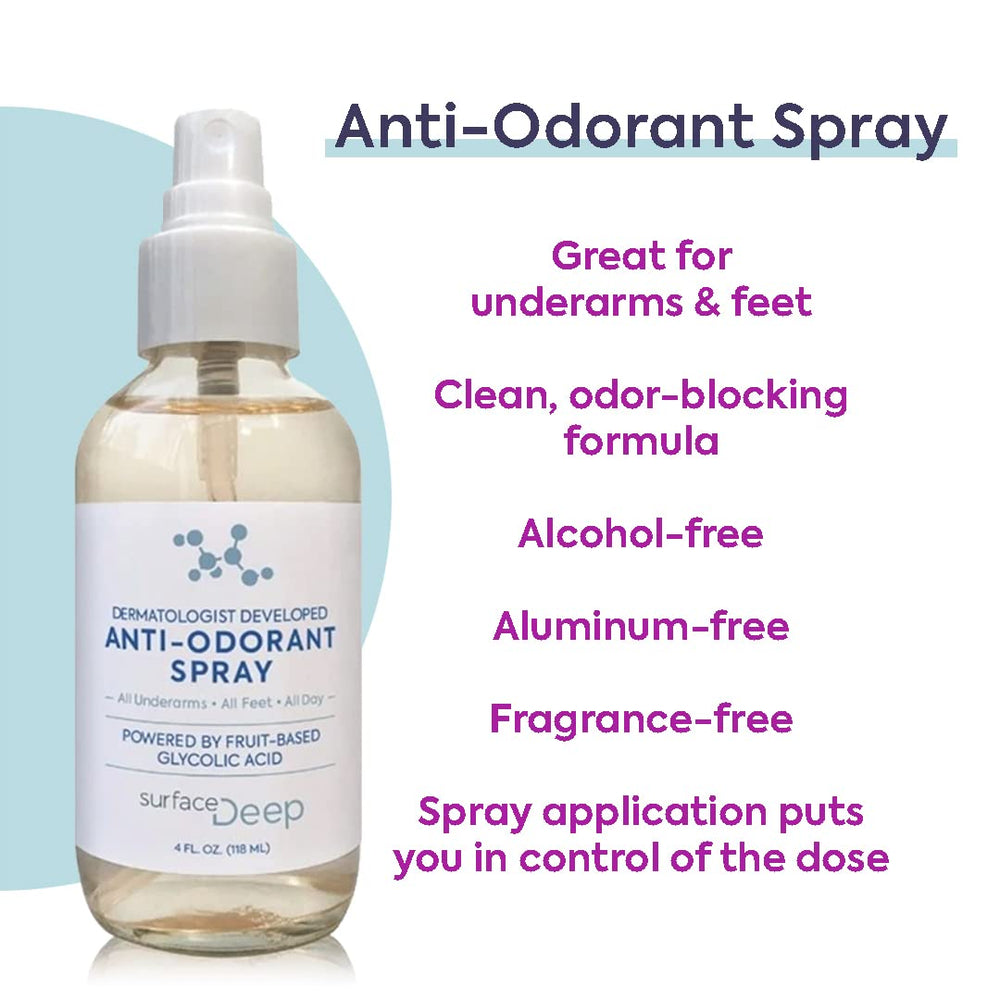 Surface Deep spray bottle with underarm application diagram focusing on odor control.
