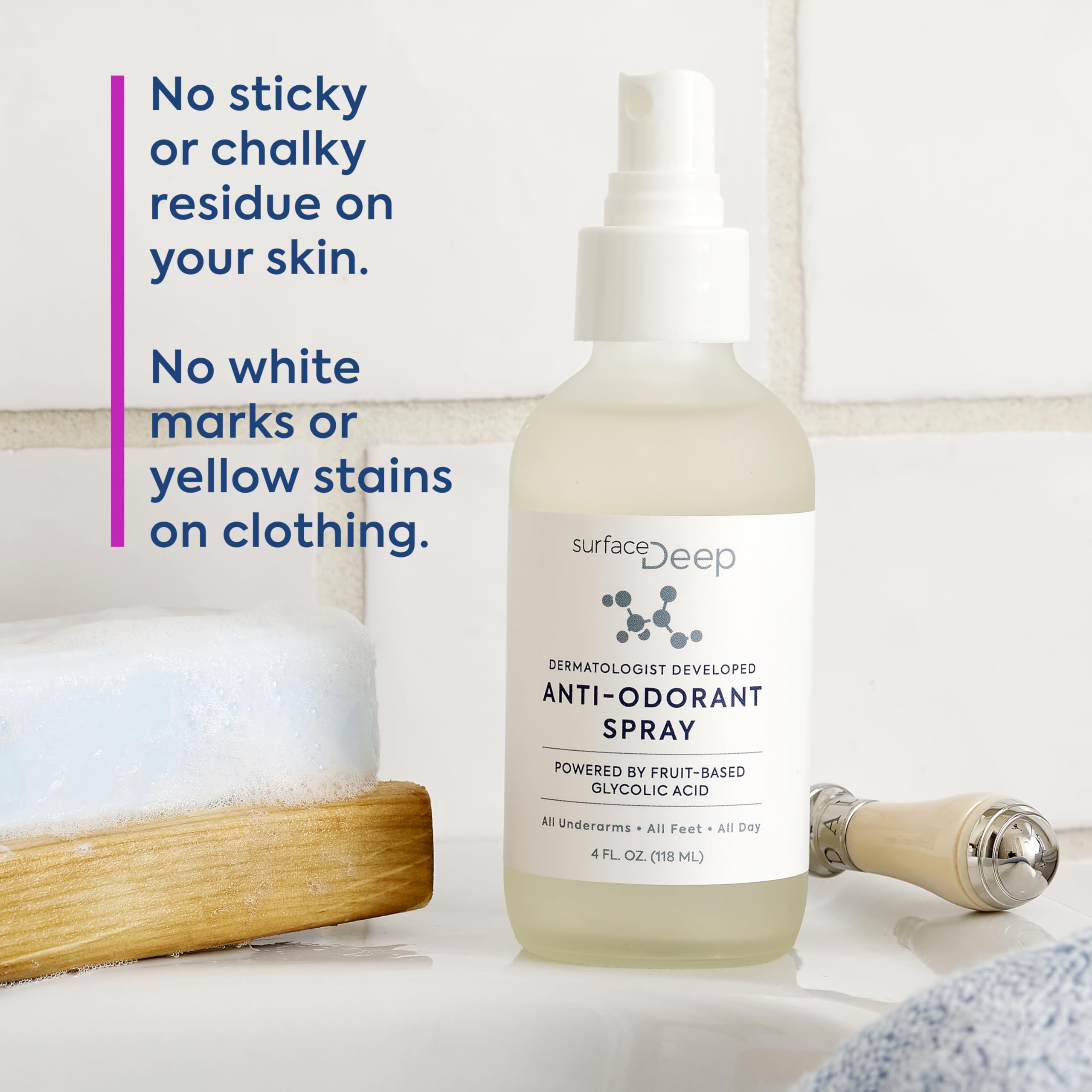 Surface Deep ingredients highlight fruit acids and botanicals for gentle odor management.