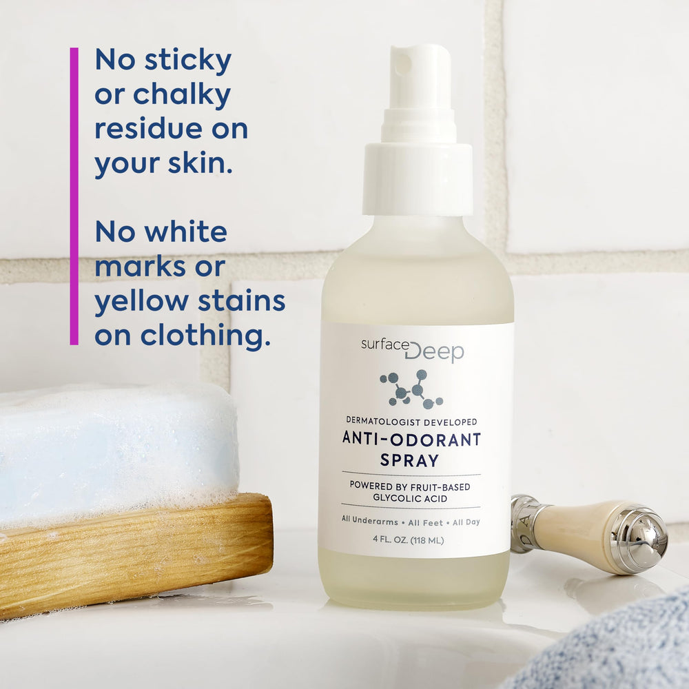 Surface Deep ingredients highlight fruit acids and botanicals for gentle odor management.