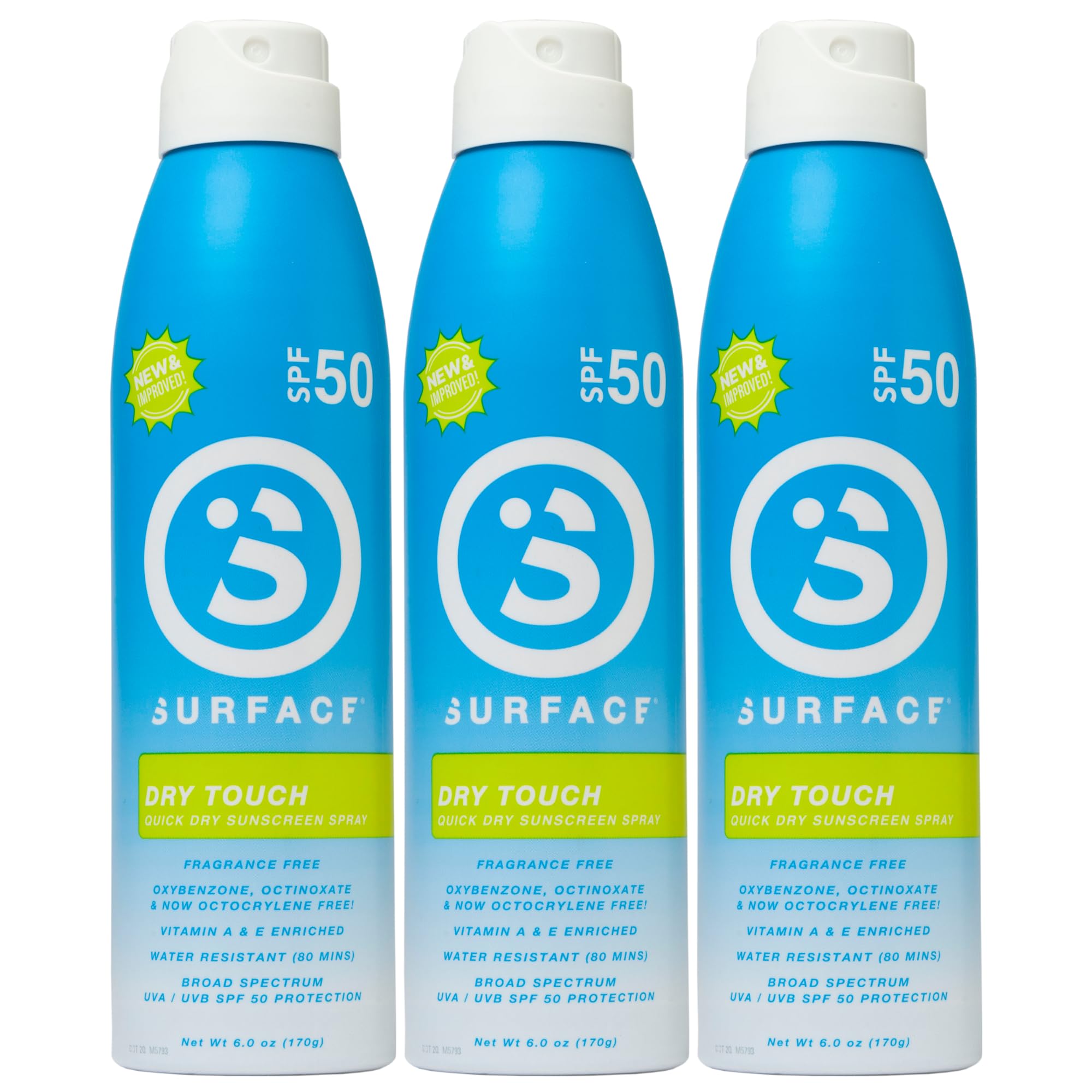 Surface Dry Touch Spray Sunscreen bottle showing fast-drying, non-greasy protection
