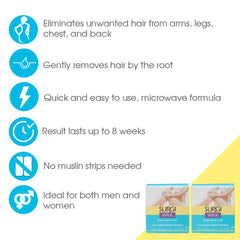 Surgiwax hard wax application shows smooth removal with minimal irritation for at-home sessions.