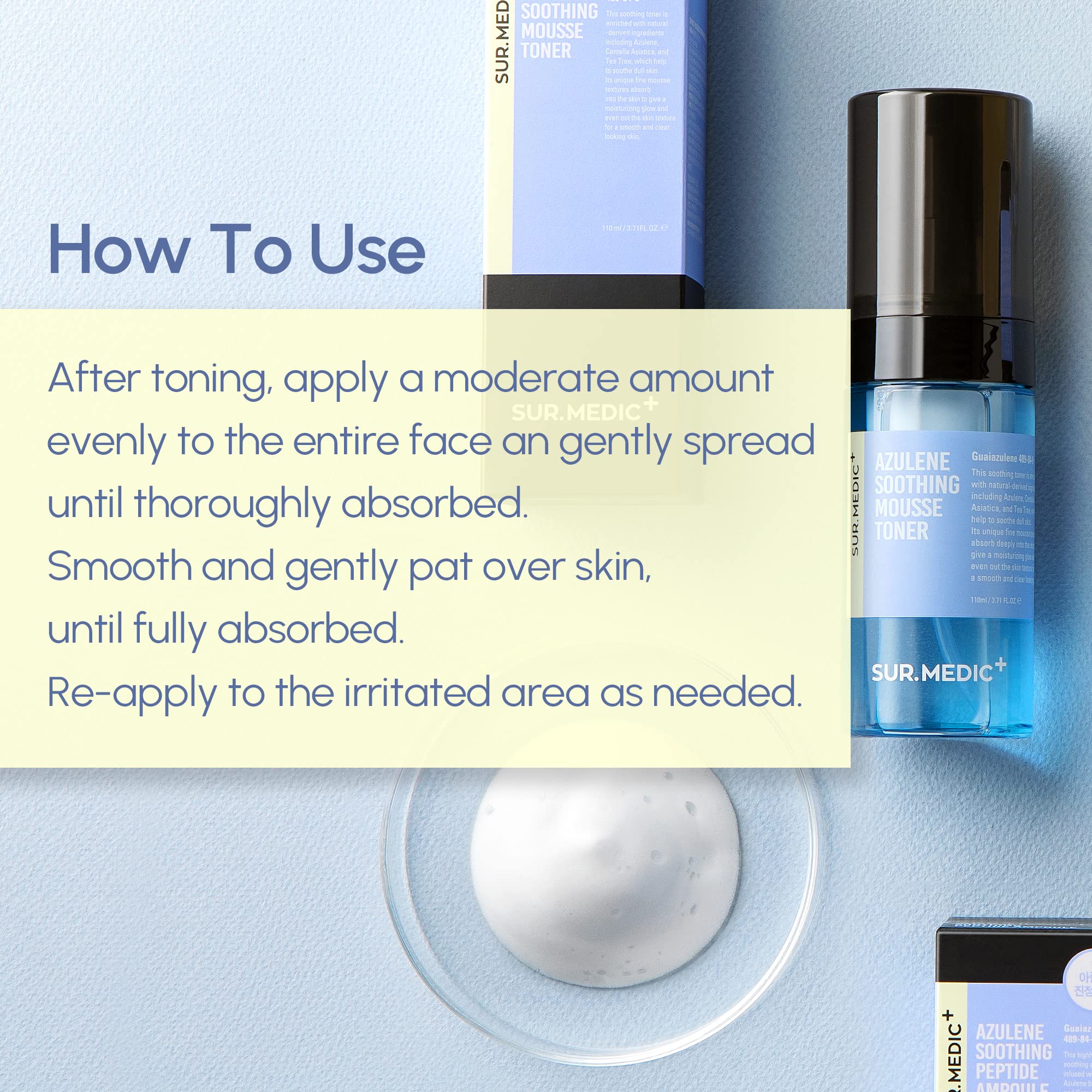 Daily skincare setup featuring SUR.MEDIC+ Azulene Mousse Toner and routine use