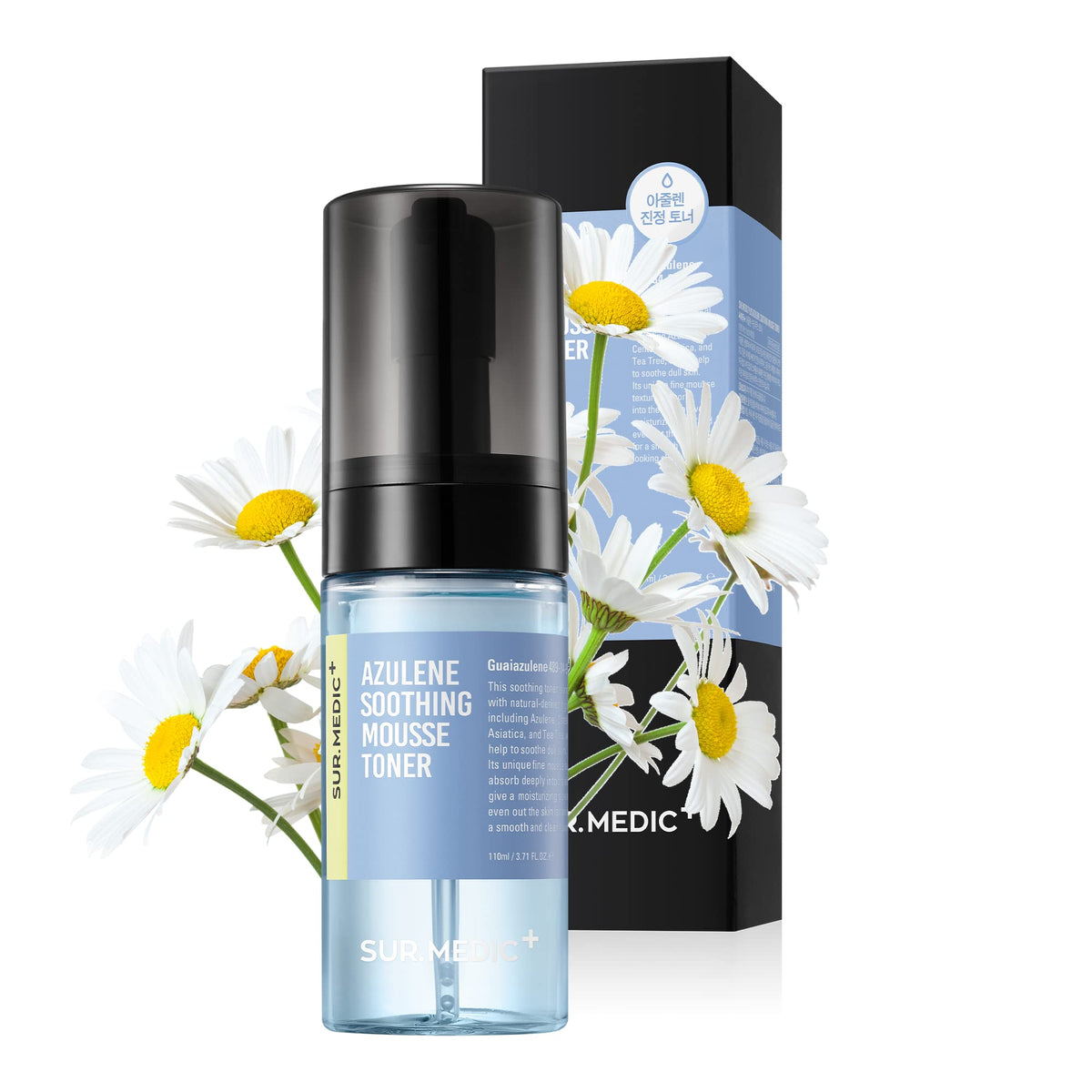 SUR.MEDIC+ Azulene Mousse Toner bottle close-up for soothing hydration