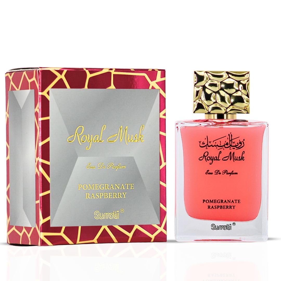 Surrati Royal Musk Pomegranate Raspberry EDP bottle on display, long-lasting scent for all-day confidence.
