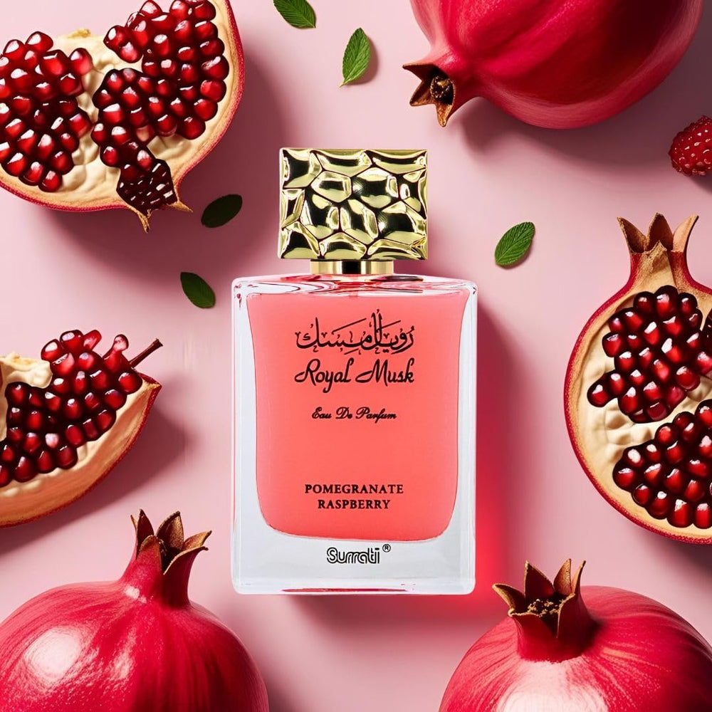 Surrati notes blend highlighting pomegranate and raspberry hints for a vibrant daytime scent.