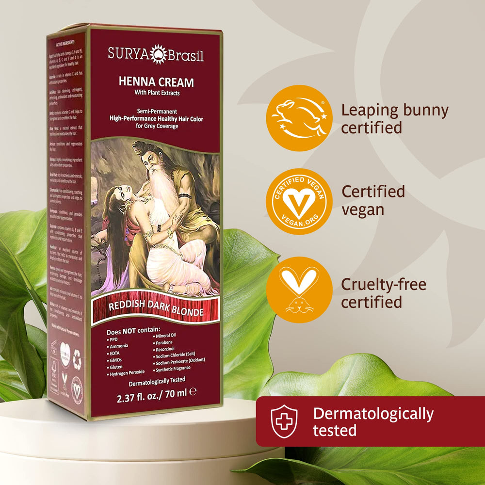 Closeup of natural ingredients like amla, aloe and Brazil nut oil used in Surya Brasil Henna Cream