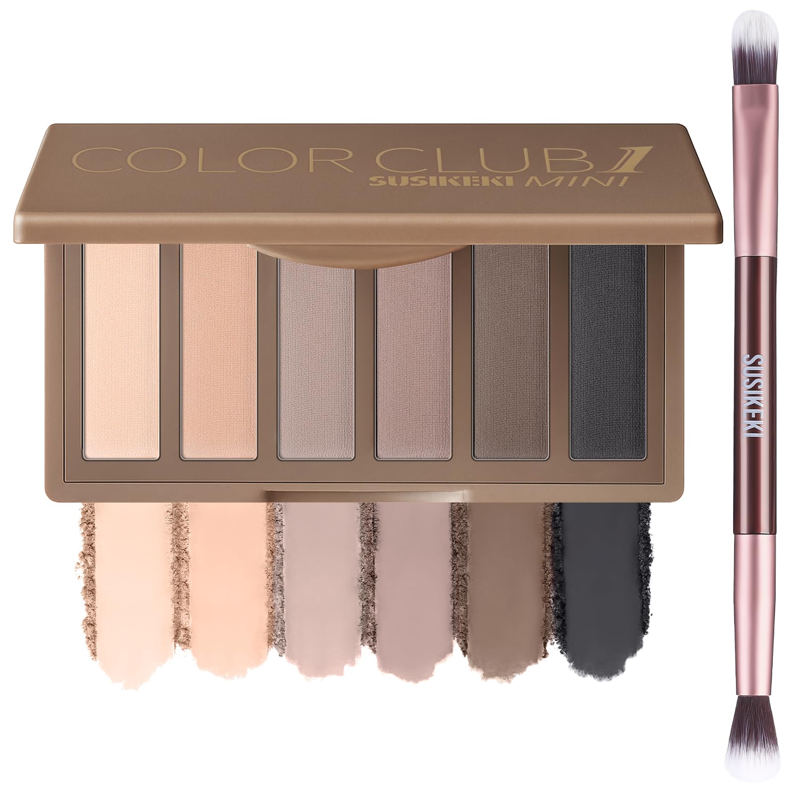 SUSIKEKI mini eyeshadow palette front view with six neutral shades for on-the-go looks
