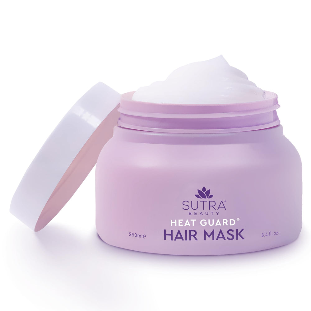 SUTRA Heat Guard Hair Mask packaging showcases protective styling for frizz-prone hair.