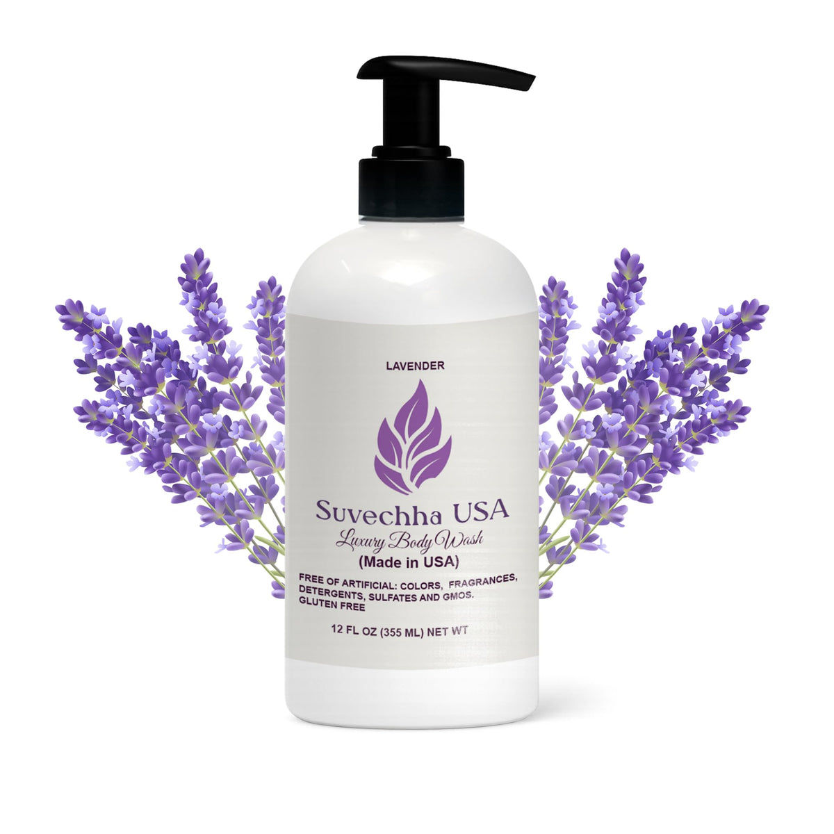 Suvechha USA vegan body wash lavender bottle pouring for gentle cleansing of sensitive skin
