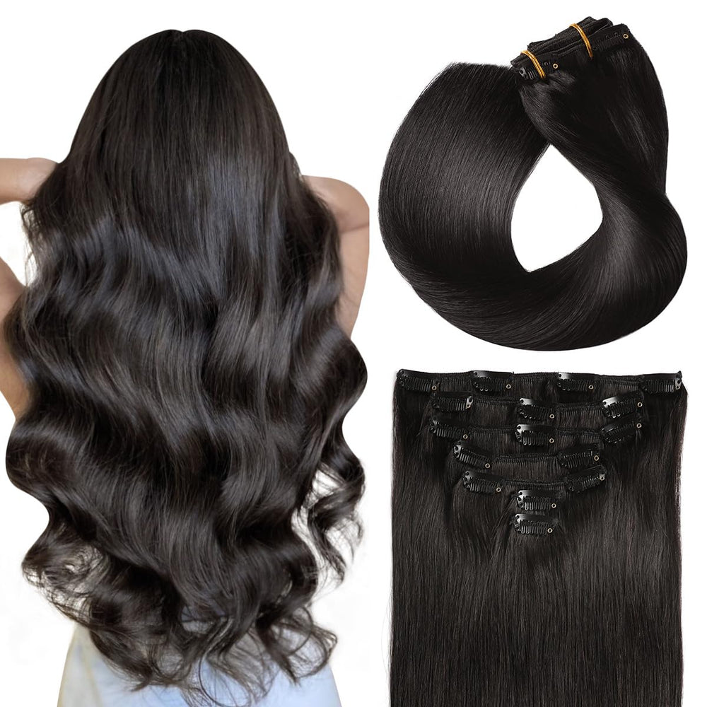 SUYYA 16-inch clip-in extensions in natural black for seamless daily wear