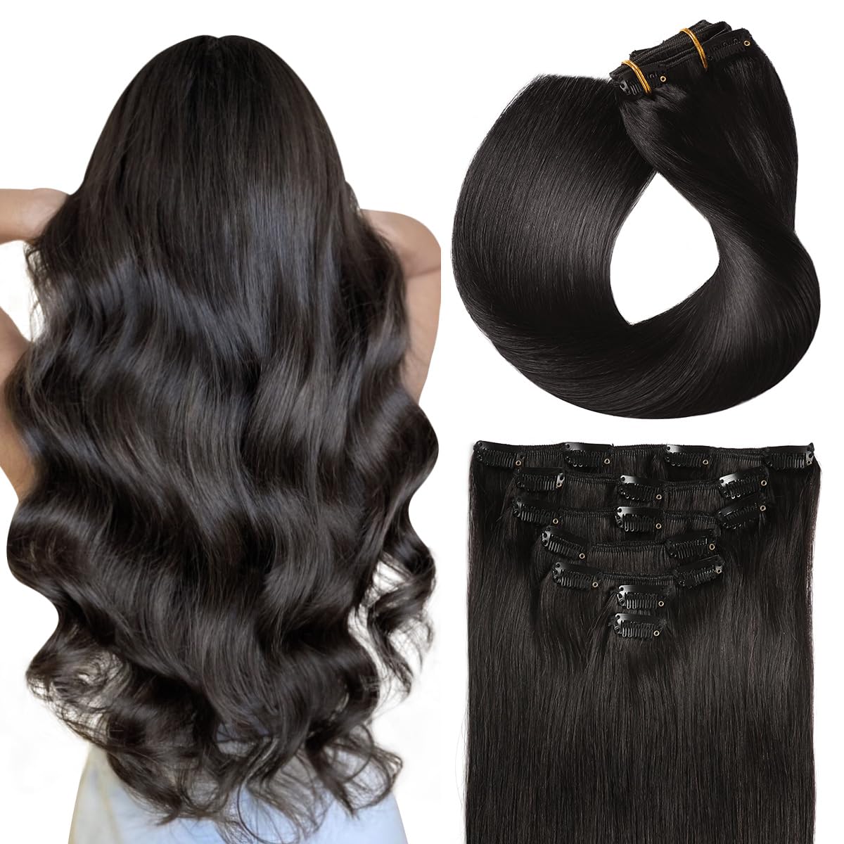 SUYYA 16-inch clip-in extensions in natural black for seamless daily wear