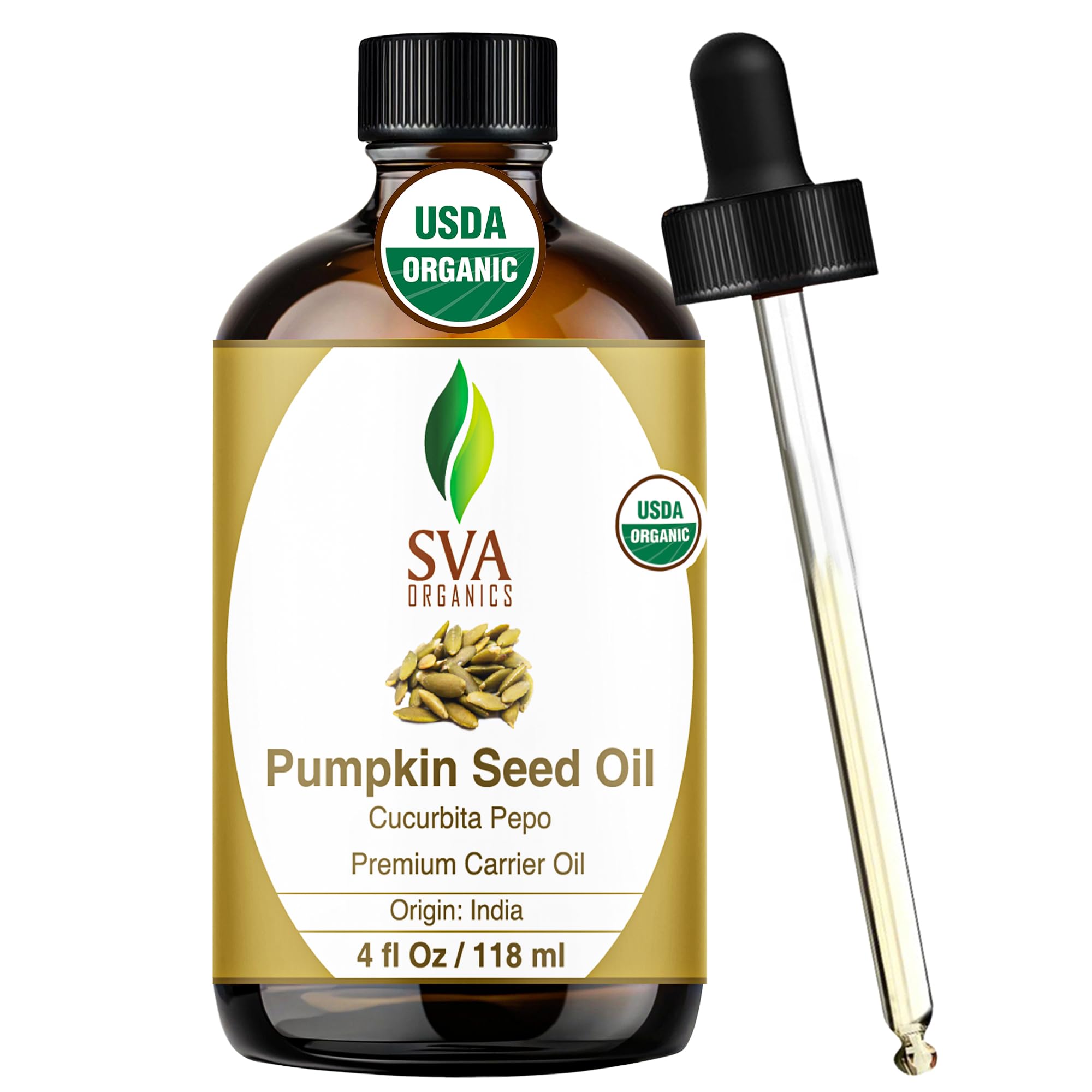 SVA Organics pumpkin seed oil bottle for skin and hair care with easy dropper use