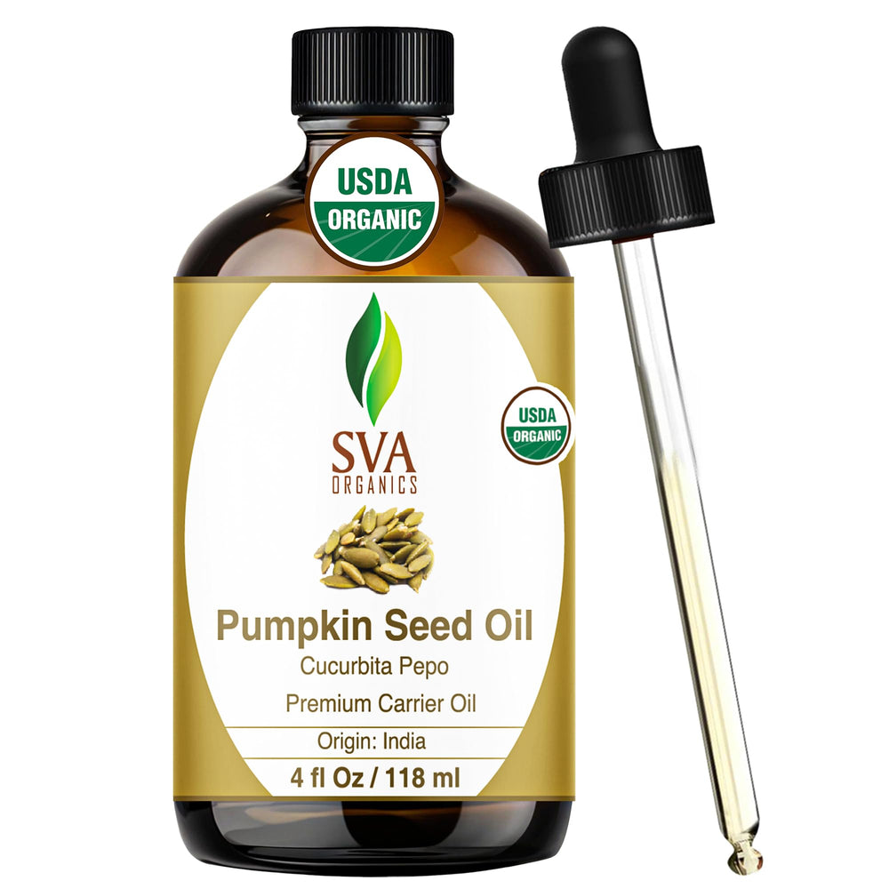 SVA Organics pumpkin seed oil bottle for skin and hair care with easy dropper use