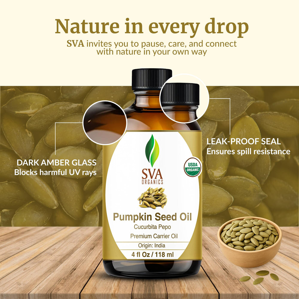 SVA Organics pumpkin seed oil used in hair care routine with shampoo or conditioner