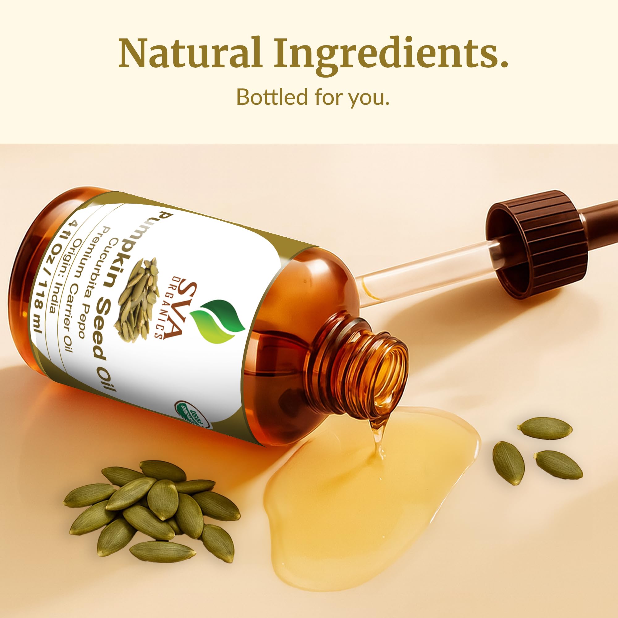 SVA Organics pumpkin seed oil ingredient label highlighting natural, preservative-free formula