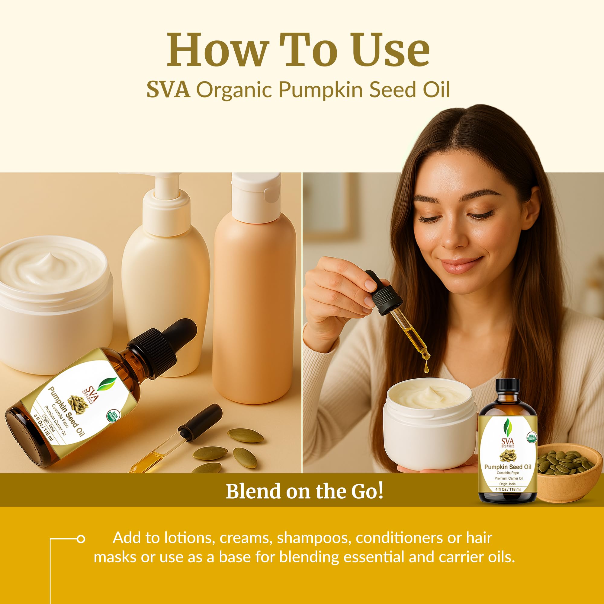 SVA Organics pumpkin seed oil being used for scalp massage with gentle pressure