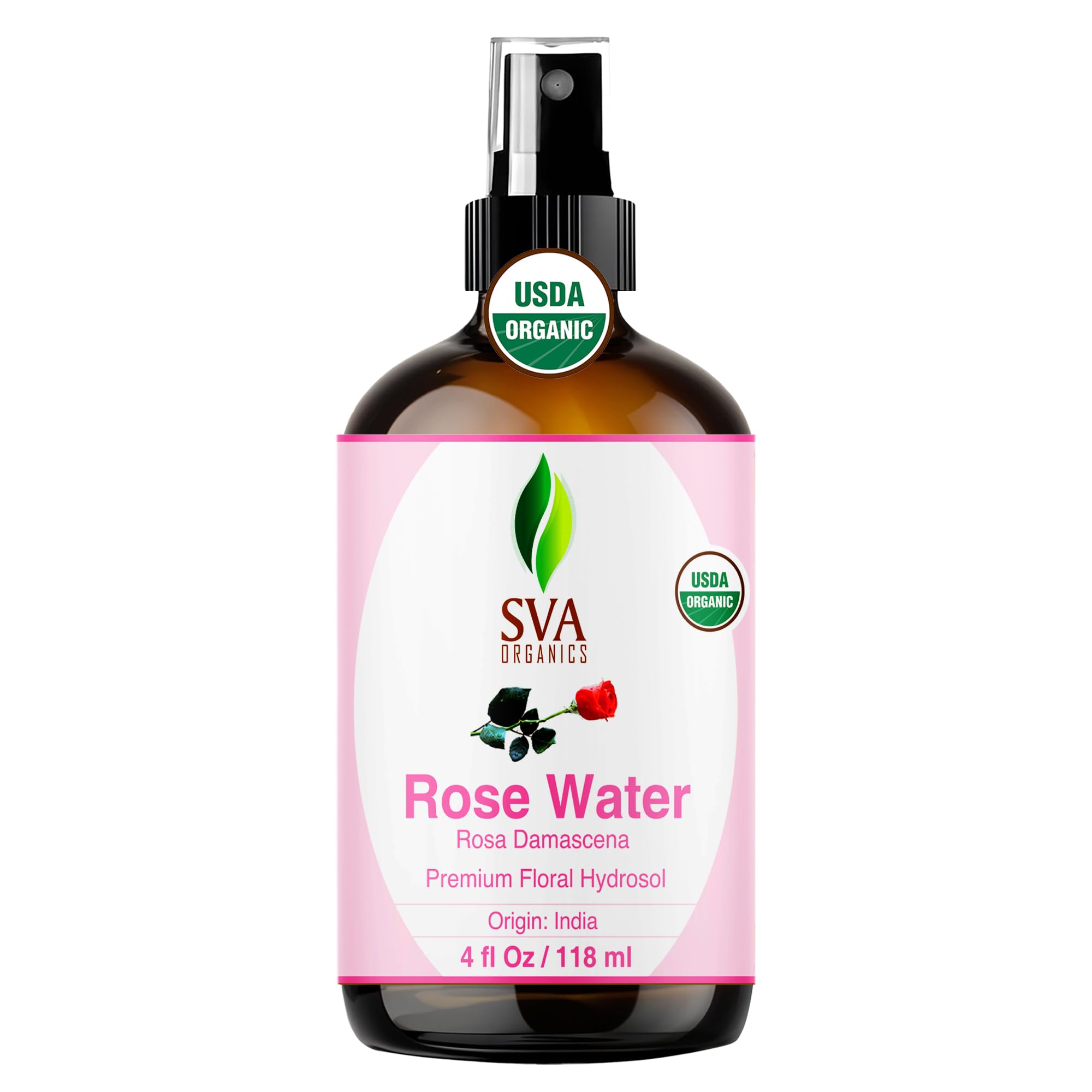 SVA ORGANICS Rose Water bottle front view highlighting pure rose aroma for skin hydration