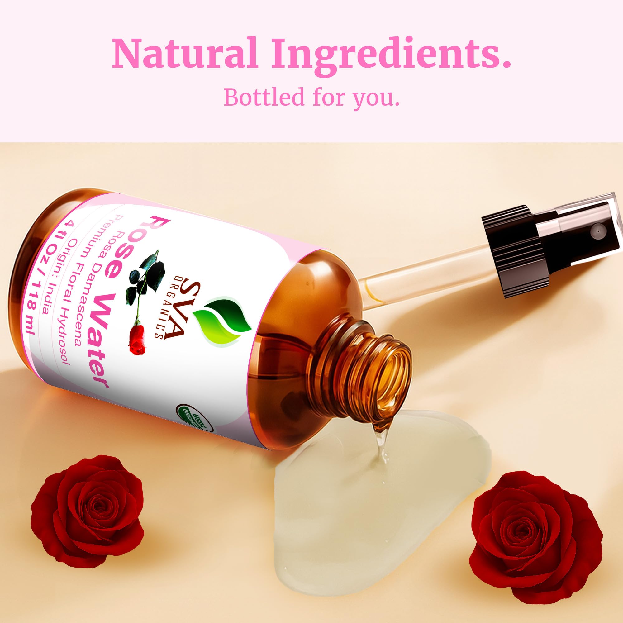 SVA ORGANICS Rose Water packaging showing preservative-free formula