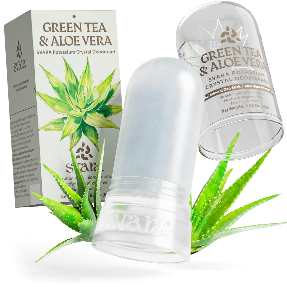 SVARA green tea aloe vera mineral-stick for daily freshness and smooth glide.