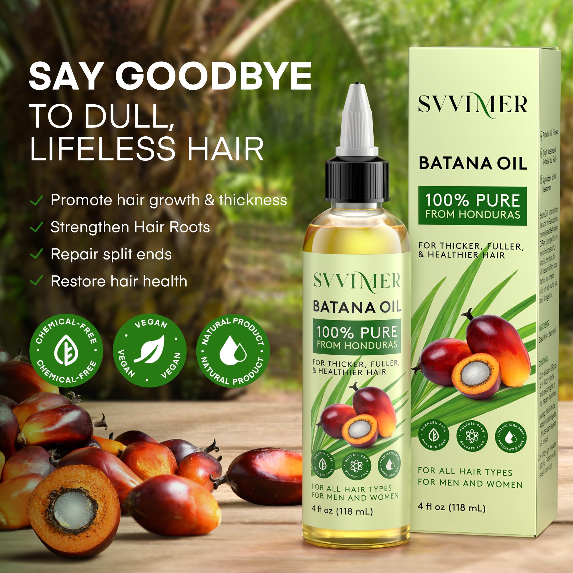 Svvimer Batana Oil packaging in a sleek bottle on a countertop.
