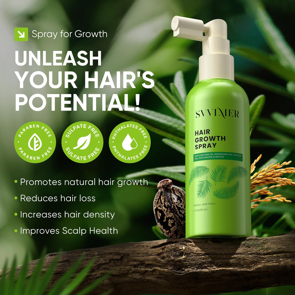 Svvimer lightweight formula shown as non sticky spray on scalp.